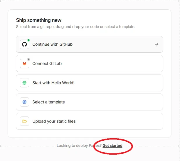 Cloudflareの新規作成画面。5つの選択肢の下に「Looking to deploy Pages? Get started」の小さなリンクが赤丸で示されている